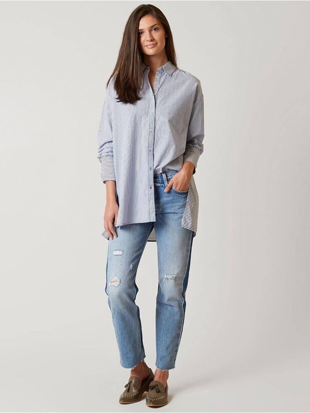 Free People Lakehouse Striped Oversized Button Down Shirt Blue White Medium - Picture 3 of 8